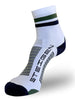 Meia cano médio branca Steigen Heritage Stripe com listras verdes e pretas, logo Steigen e detalhes em azul marinho.