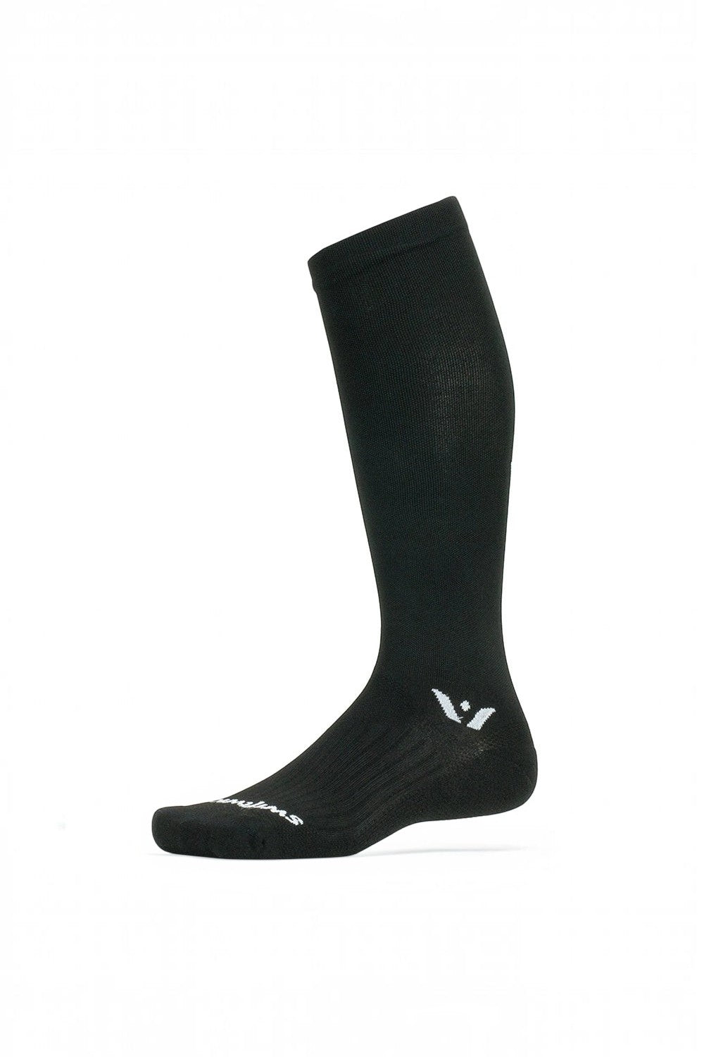 Meia de compressão preta SPORTBR Swiftwick Aspire de cano alto, ideal para corrida com suporte firme e respirável.