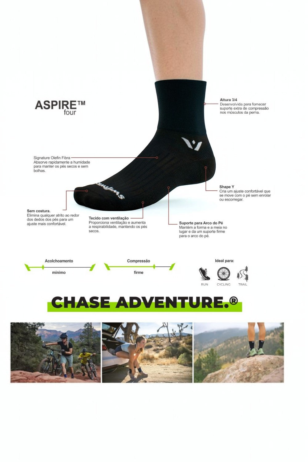 Meia de compressão preta SPORTBR Swiftwick Aspire Four de cano médio com detalhes técnicos e anatômicos destacados.