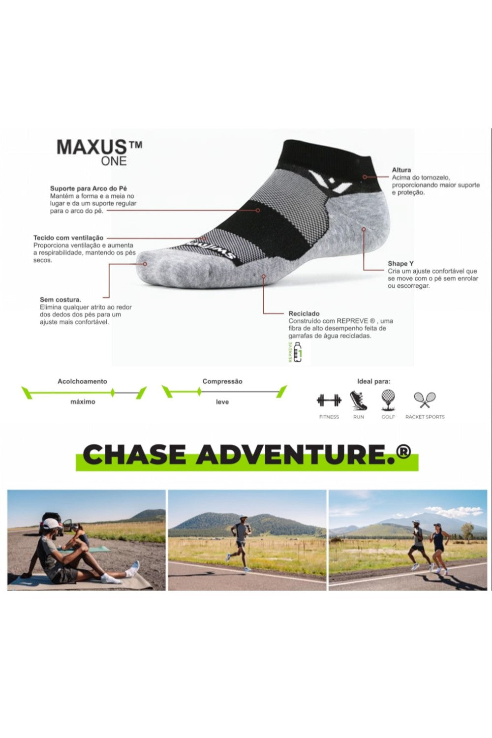 Meia de compressão SPORTBR Swiftwick Flite XT branca com tecnologias de estabilidade, suporte no arco e fibra GripDry.