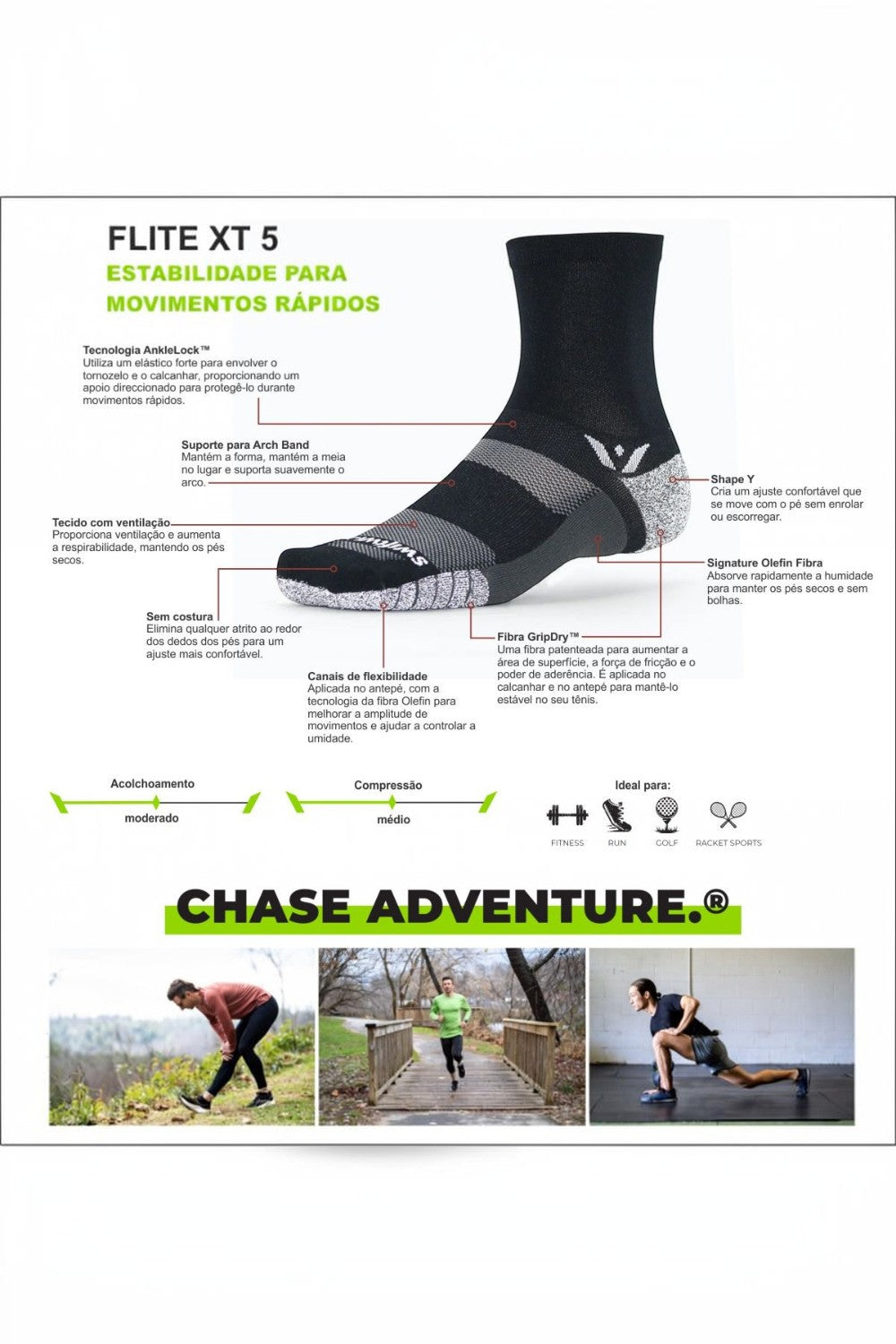 Meia de compressão SPORTBR Swiftwick Flite XT com tecnologia AnkleLock e GripDry para estabilidade em esportes
