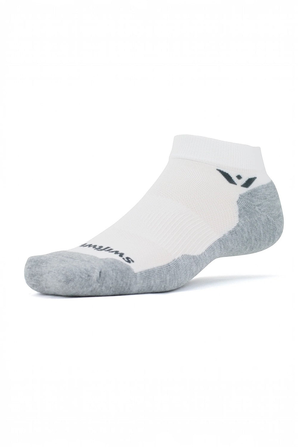 Meia de corrida branca SPORTBR Swiftwick Maxus de cano baixo com amortecimento e detalhes em cinza no calcanhar