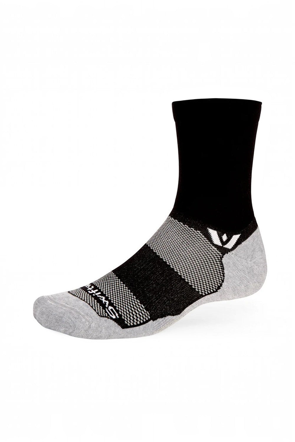 Meia de corrida SPORTBR Swiftwick Maxus de cano médio na cor preta com detalhes cinza e amortecimento técnico