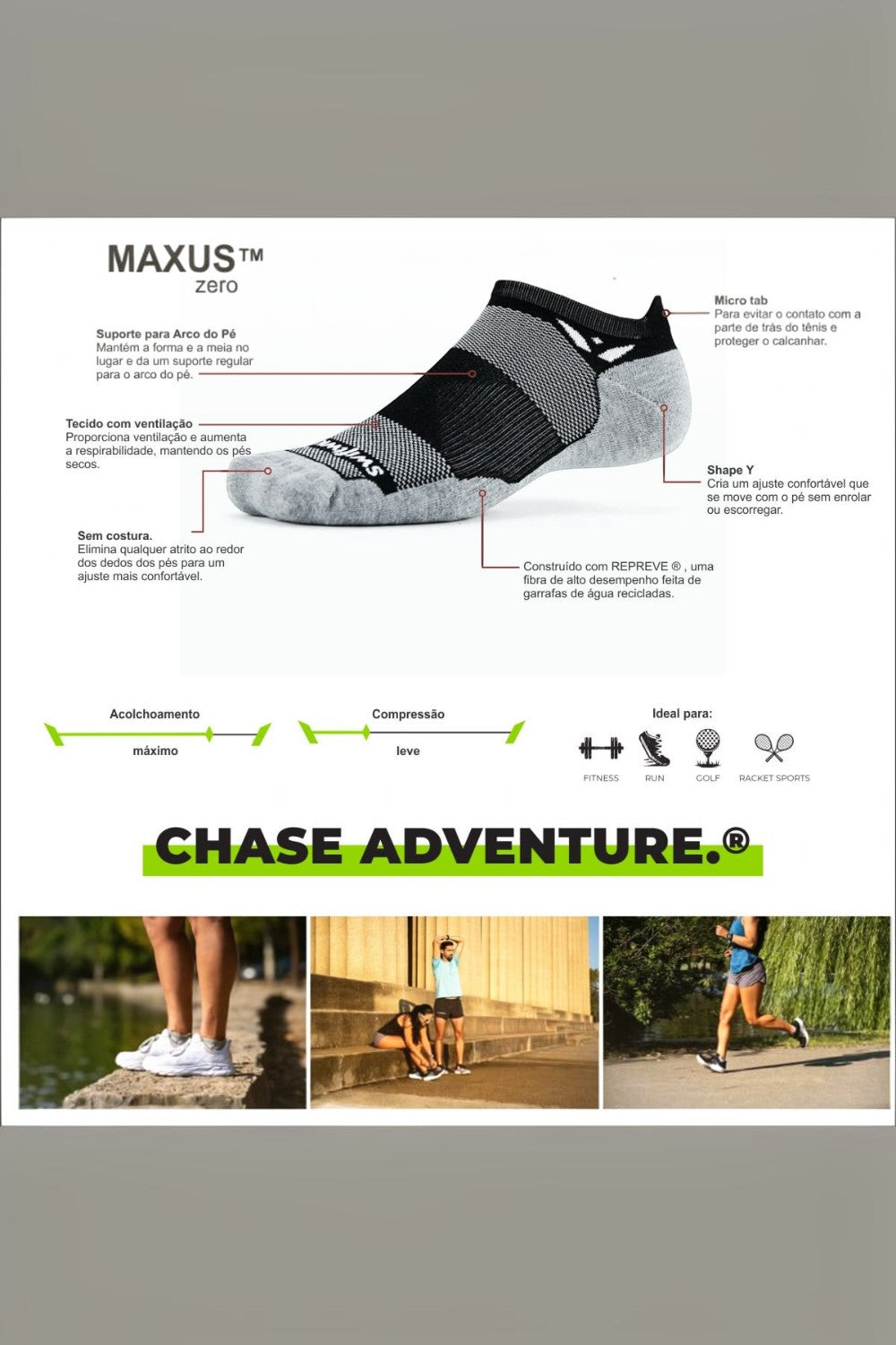 Meia de corrida preta e cinza SPORTBR Swiftwick Maxus com detalhes técnicos destacando amortecimento e conforto