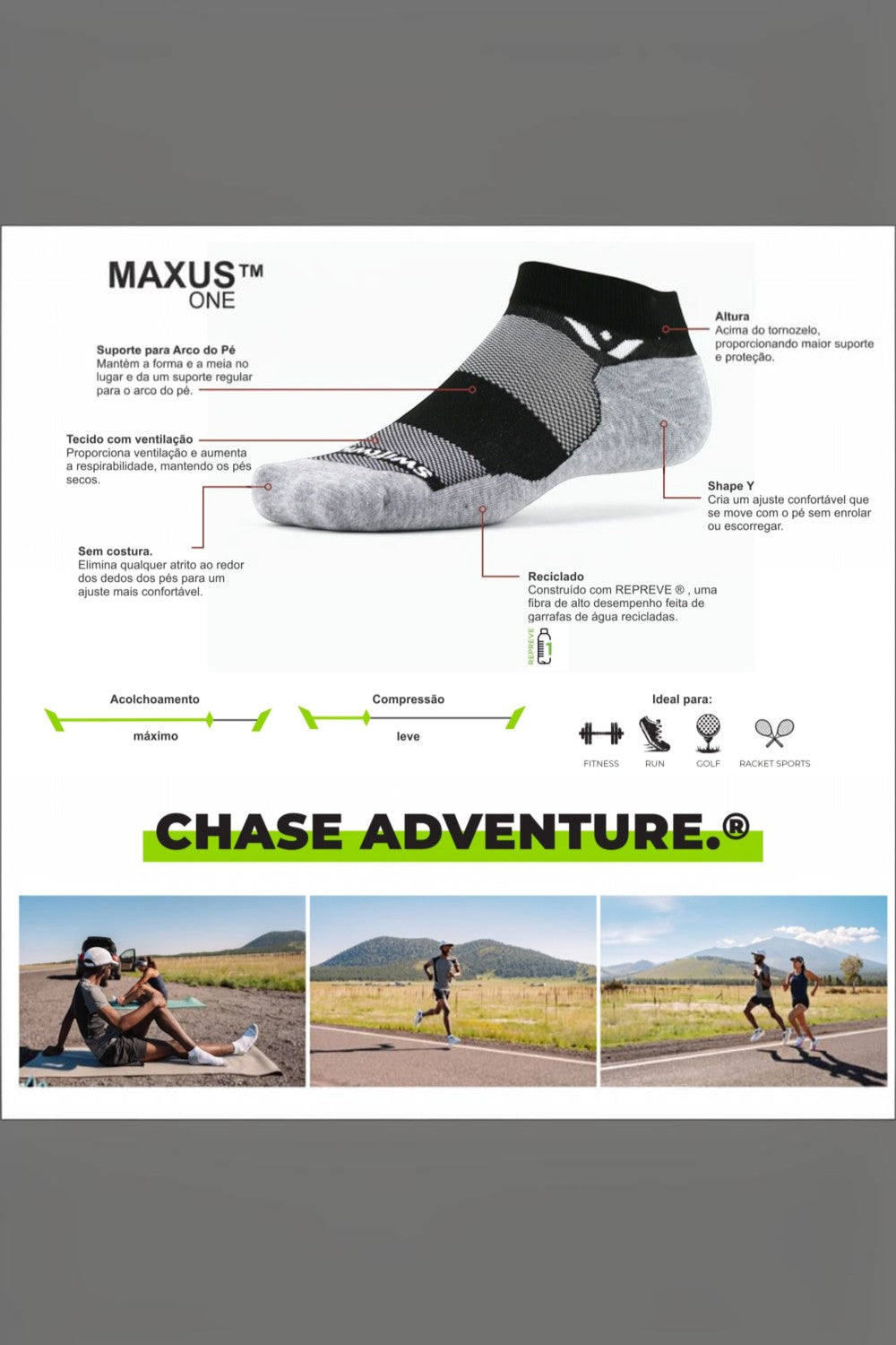 Meia de corrida branca e cinza SPORTBR Swiftwick Maxus com amortecimento, suporte de arco e tecido respirável.