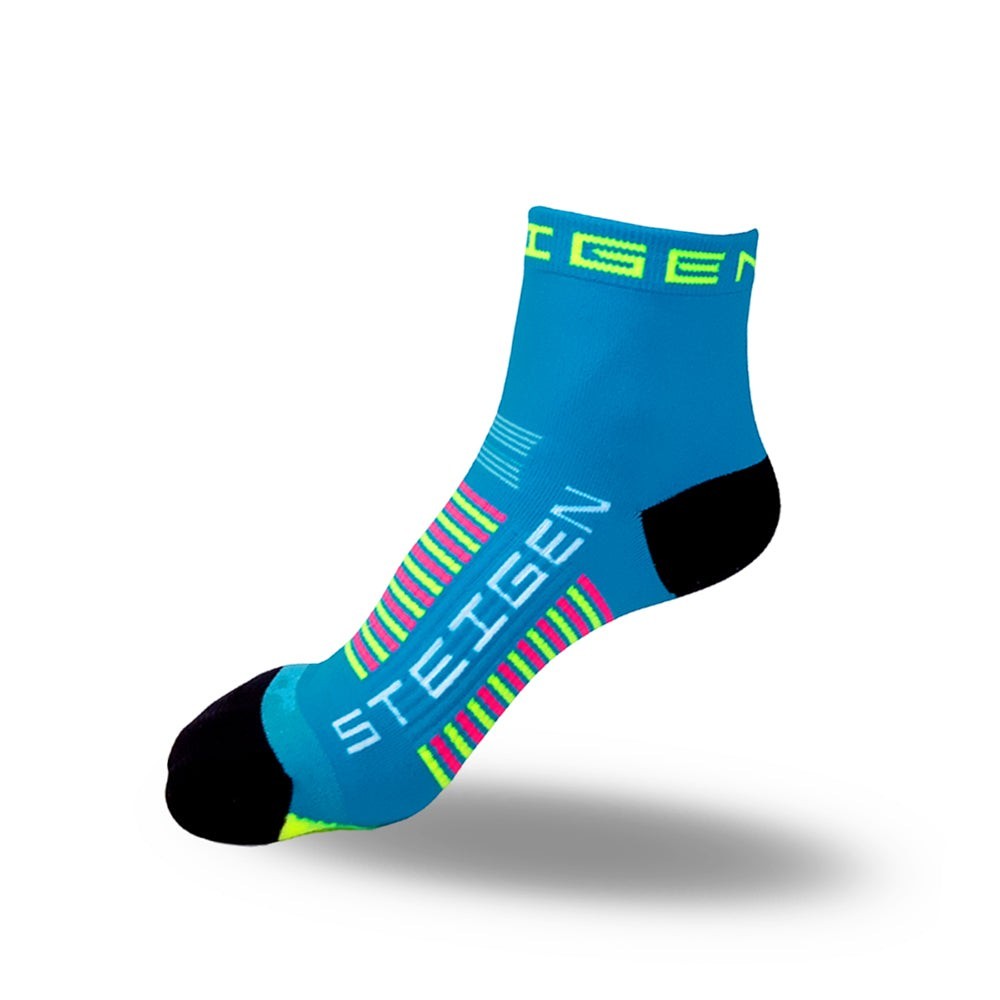 Meia infantil cano baixo azul da SPORTBR com listras neon e logo Steigen, ideal para esportes.