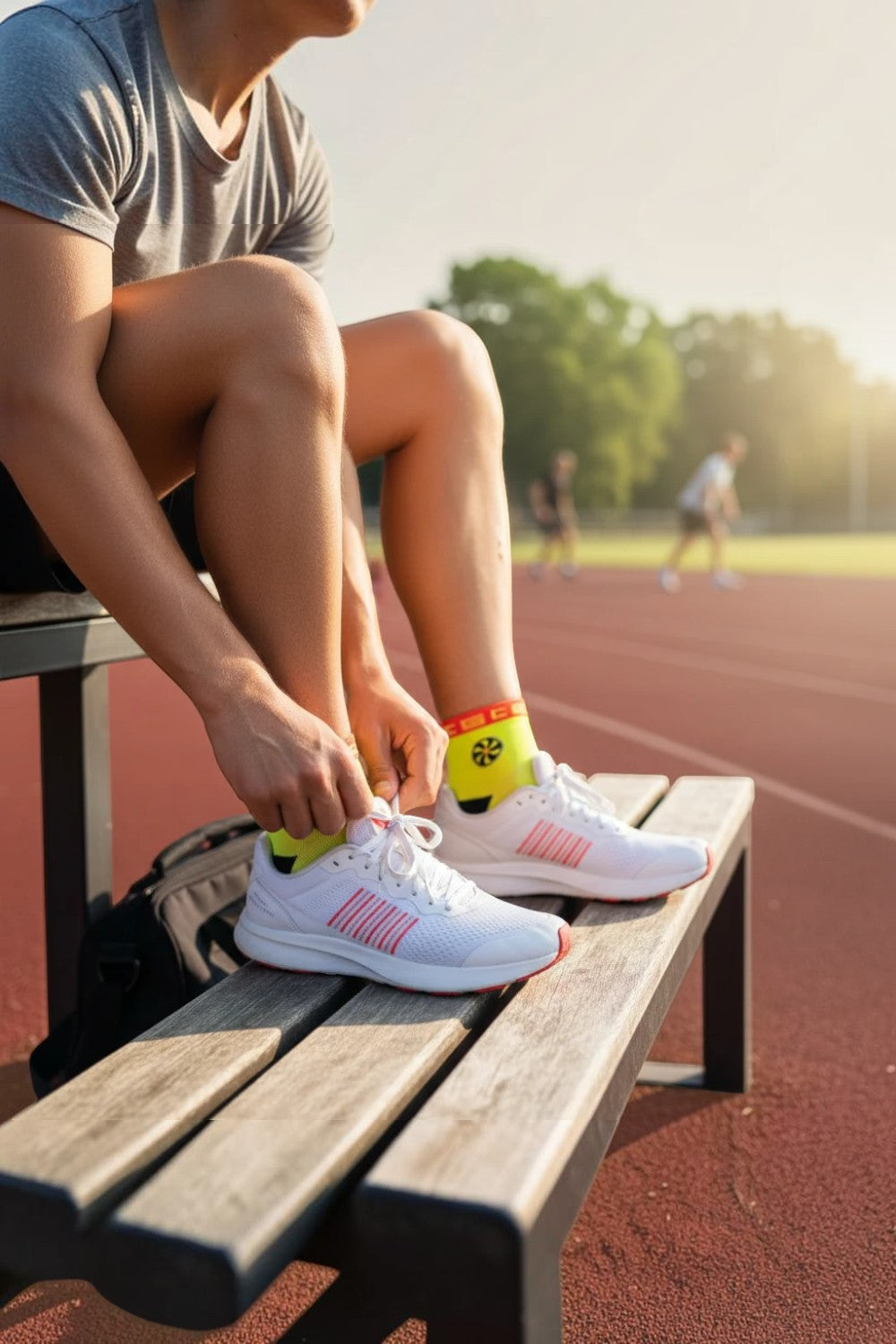 Corredor calçando tênis branco com meia SPORTBR Steigen cano baixo na cor amarelo fluorescente em uma pista de atletismo
