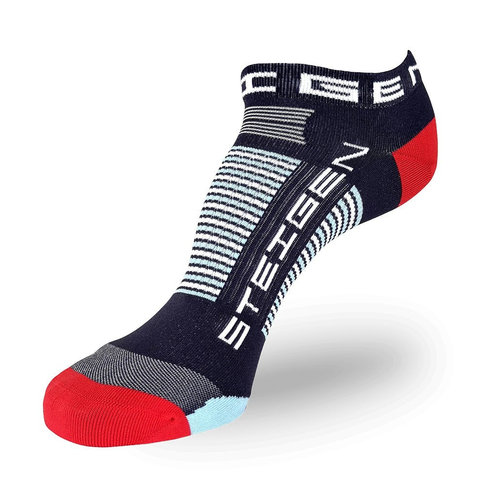 Meia Steigen sem cano azul marinho com detalhes em branco, azul claro e vermelho. Ideal para corrida.