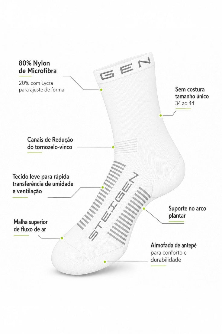Meia de corrida SPORTBR Steigen branca de cano médio com detalhes técnicos e indicação de materiais e benefícios.