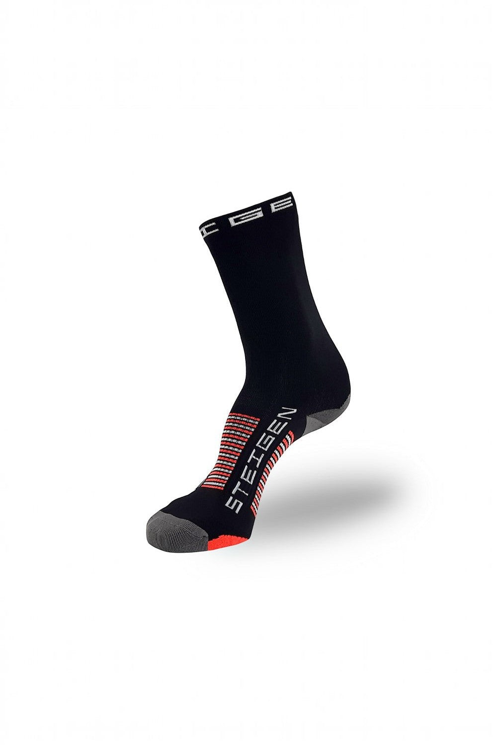 Meia de corrida SPORTBR Steigen cano alto preta com detalhes em vermelho e branco, design sem costura e respirável.