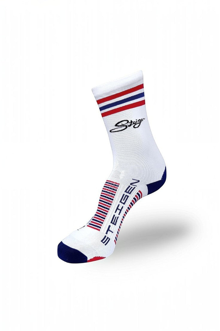 Meia de corrida SPORTBR Steigen cano alto branca com detalhes em azul e vermelho, design sem costura e respirável.