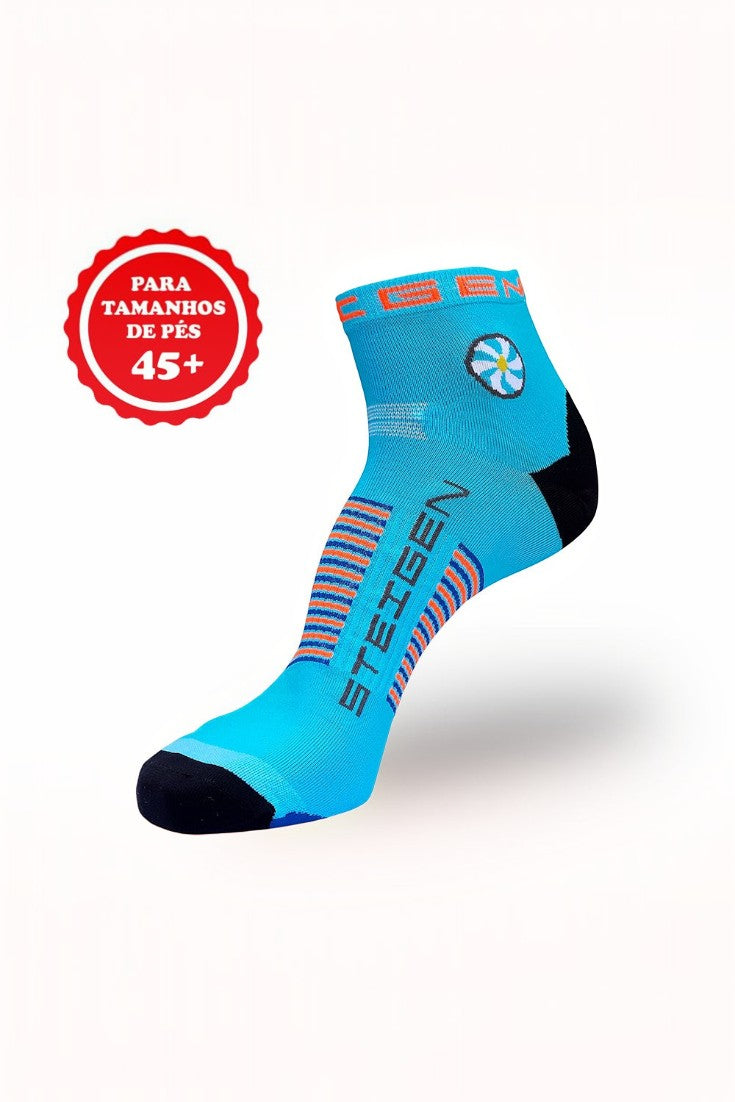 Meia de corrida SPORTBR Steigen cano baixo azul com detalhes em preto e laranja, ideal para pés tamanho 45+