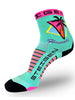Meia cano médio SPORTBR Steigen Hawaii com estampa de palmeira e triângulo neon, em tons de verde água, rosa e amarelo.