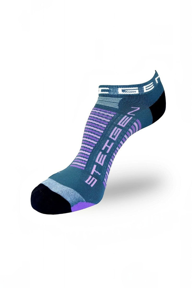 Meia de corrida SPORTBR Steigen sem cano na cor teal com detalhes em roxo e preto, design técnico e respirável.