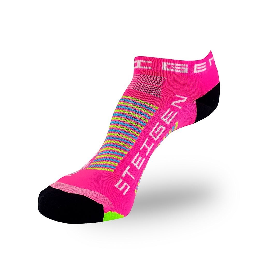 Meia Steigen sem cano Tutti Frutti Pink com listras azuis e verdes, ideal para corrida.