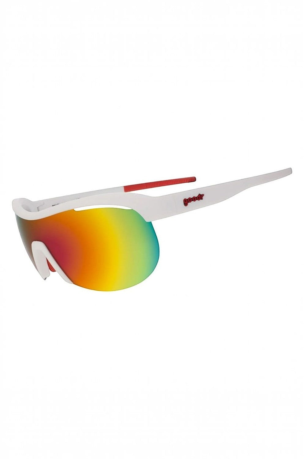 Óculos de sol esportivos SPORTBR Goodr brancos com lentes espelhadas vermelhas, ideais para corrida e atividades ao ar livre.