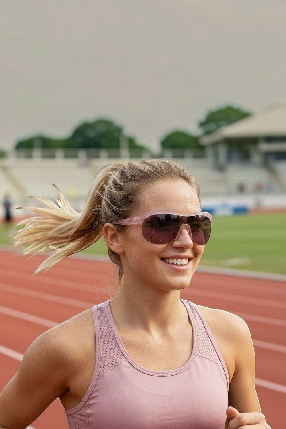 Mulher correndo em pista de atletismo usando óculos SPORTBR Goodr Human Energy Drink com armação rosa e lentes roxas