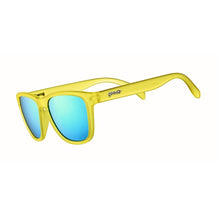 Óculos de sol Goodr Swedish Meatball Hangover amarelos com lentes azuis espelhadas, ideais para corrida.