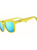 Óculos de sol Goodr Swedish Meatball Hangover amarelos com lentes azuis espelhadas, ideais para corrida.