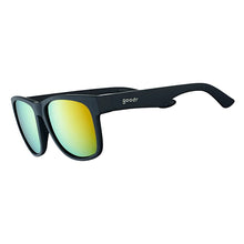 Óculos de sol Goodr Beelzebub's Bourbon Burpees pretos com lentes espelhadas amarelas e proteção UVA UVB.