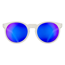 Óculos de sol Goodr brancos com lentes azuis espelhadas e proteção UV400, formato redondo, ideais para corrida.