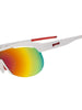 Óculos de sol Goodr brancos com lentes espelhadas vermelhas e arco-íris, ideais para corrida.