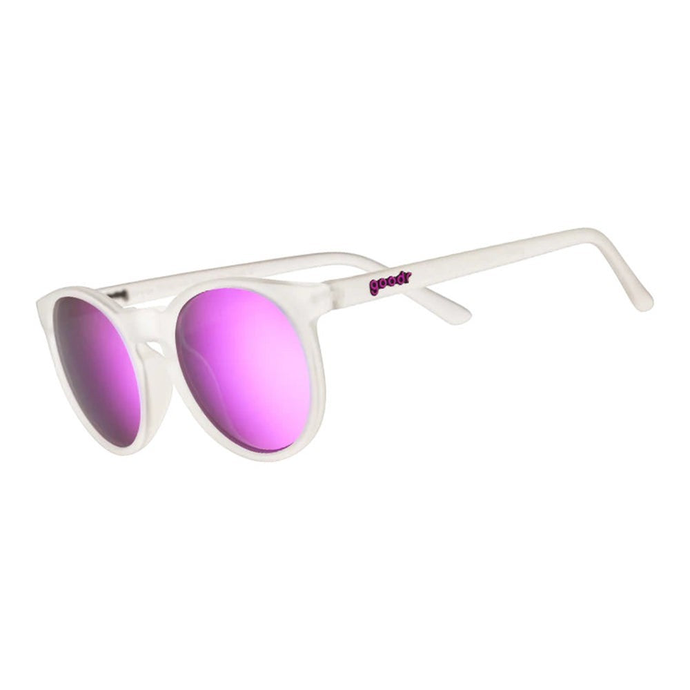 Óculos de sol Goodr brancos com lentes roxas espelhadas, formato Circle G, ideais para corrida.