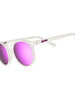 Óculos de sol Goodr brancos com lentes roxas espelhadas, formato Circle G, ideais para corrida.