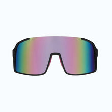 Óculos de sol Goodr pretos com lentes espelhadas multicoloridas, ideais para corrida.