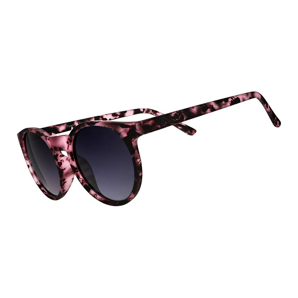 Óculos de sol Goodr Fluent In Silence rosa com lentes pretas polarizadas, armação de propionato e proteção UV400.