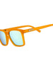 Óculos de sol Goodr Never The Big Spoon laranja com lentes azuis espelhadas e proteção UVA UVB.