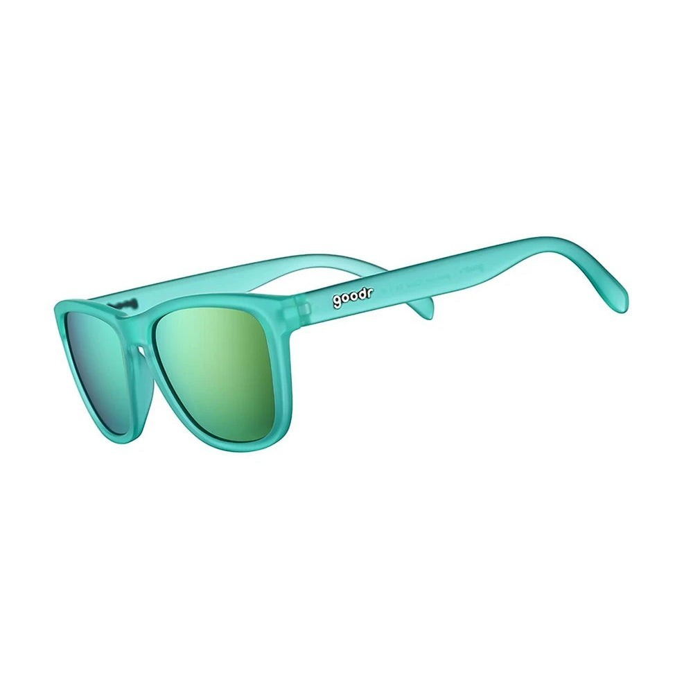Óculos de sol Goodr Nessy's Midnight Orgy verde com lentes espelhadas polarizadas e proteção UVA UVB.