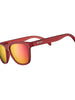 Óculos de sol Goodr Phoenix at a Bloody Mary Bar vermelhos com lentes espelhadas polarizadas rosa e douradas.