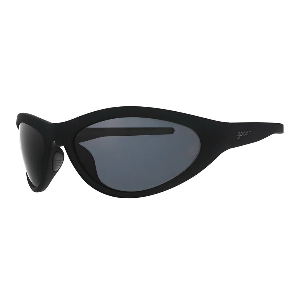 Óculos de sol pretos Goodr Outruns Own Shadow para corrida, com lentes polarizadas e proteção UV400.