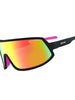 Óculos de sol Goodr pretos com lentes espelhadas rosa e douradas, armação preta e detalhes rosa nas hastes.