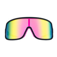 Óculos de sol Goodr pretos com lentes espelhadas rosa, amarelas e azuis. Ideal para corrida.