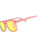 Óculos de sol Goodr Shrimpin Ain´t Easy rosa com lentes espelhadas amarelas, ideais para corrida.