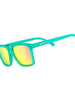 Óculos de sol Goodr Short With Benefits verde com lentes espelhadas rosa e douradas, ideais para corrida.