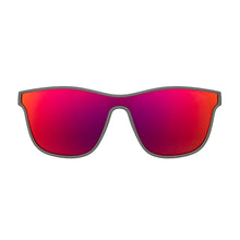 Óculos de sol Goodr Voight-Kampff Vision cinza com lentes espelhadas vermelhas e roxas, ideais para corrida.