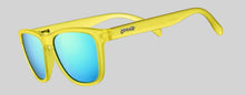 Óculos de sol Goodr Swedish Meatball Hangover amarelos com lentes azuis espelhadas polarizadas, ideais para corrida.