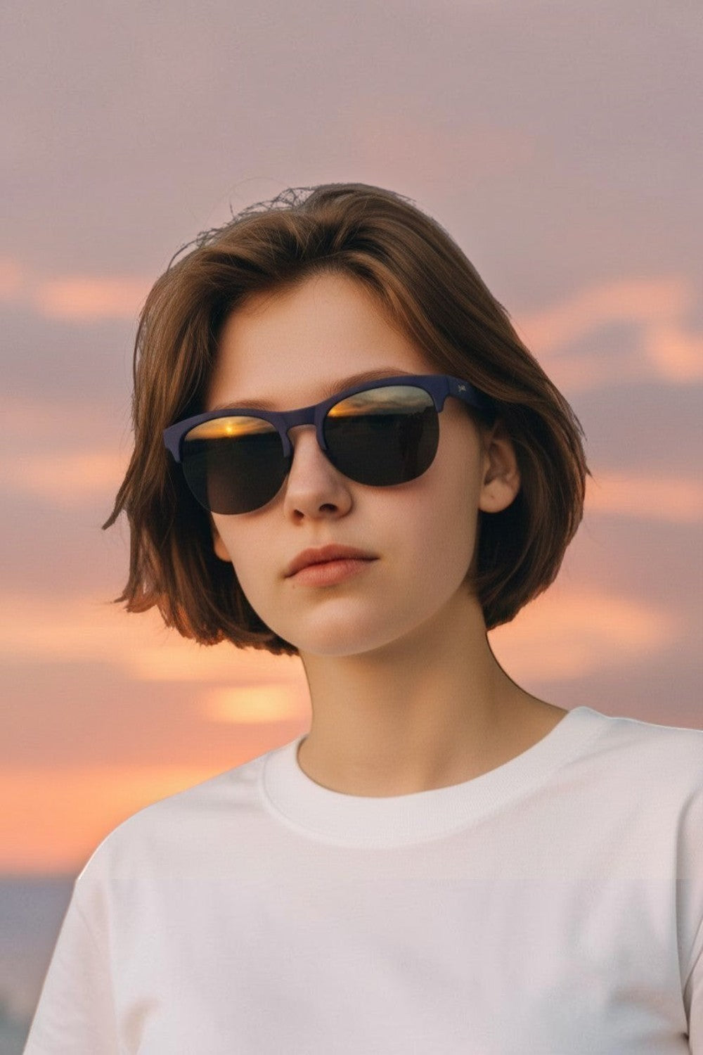 Mulher usando óculos de sol SPORTBR Goodr Avant G azul-marinho com lentes cinza espelhadas durante o pôr do sol.