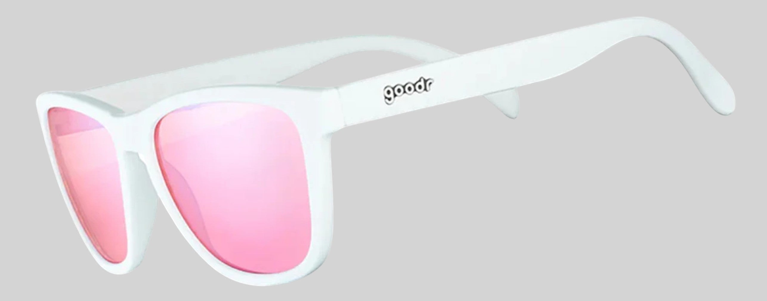 Óculos de sol SPORTBR Goodr Au Revoir, Gopher com armação branca e lentes polarizadas rosas para corrida.