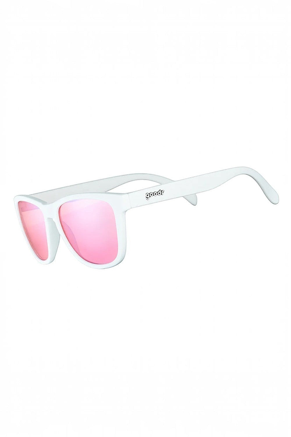 Óculos de sol SPORTBR Goodr com armação branca e lentes rosa polarizadas, ideal para corrida e esportes ao ar livre.