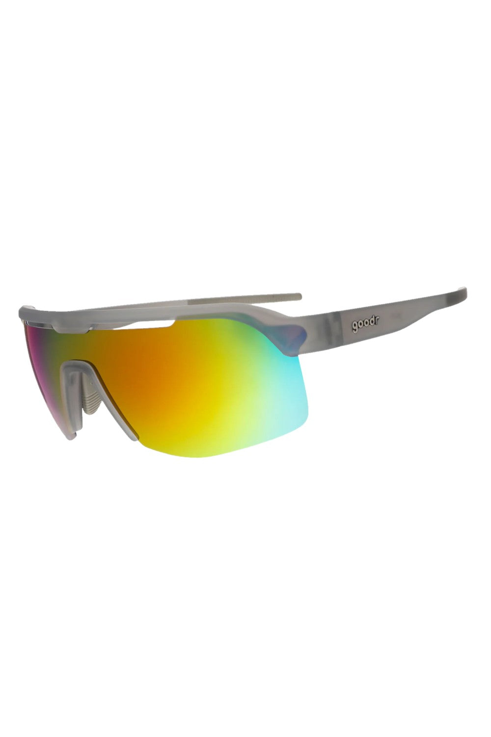 Óculos de sol esportivos SPORTBR Goodr Too Lit To Quit com armação cinza e lentes espelhadas coloridas polarizadas.