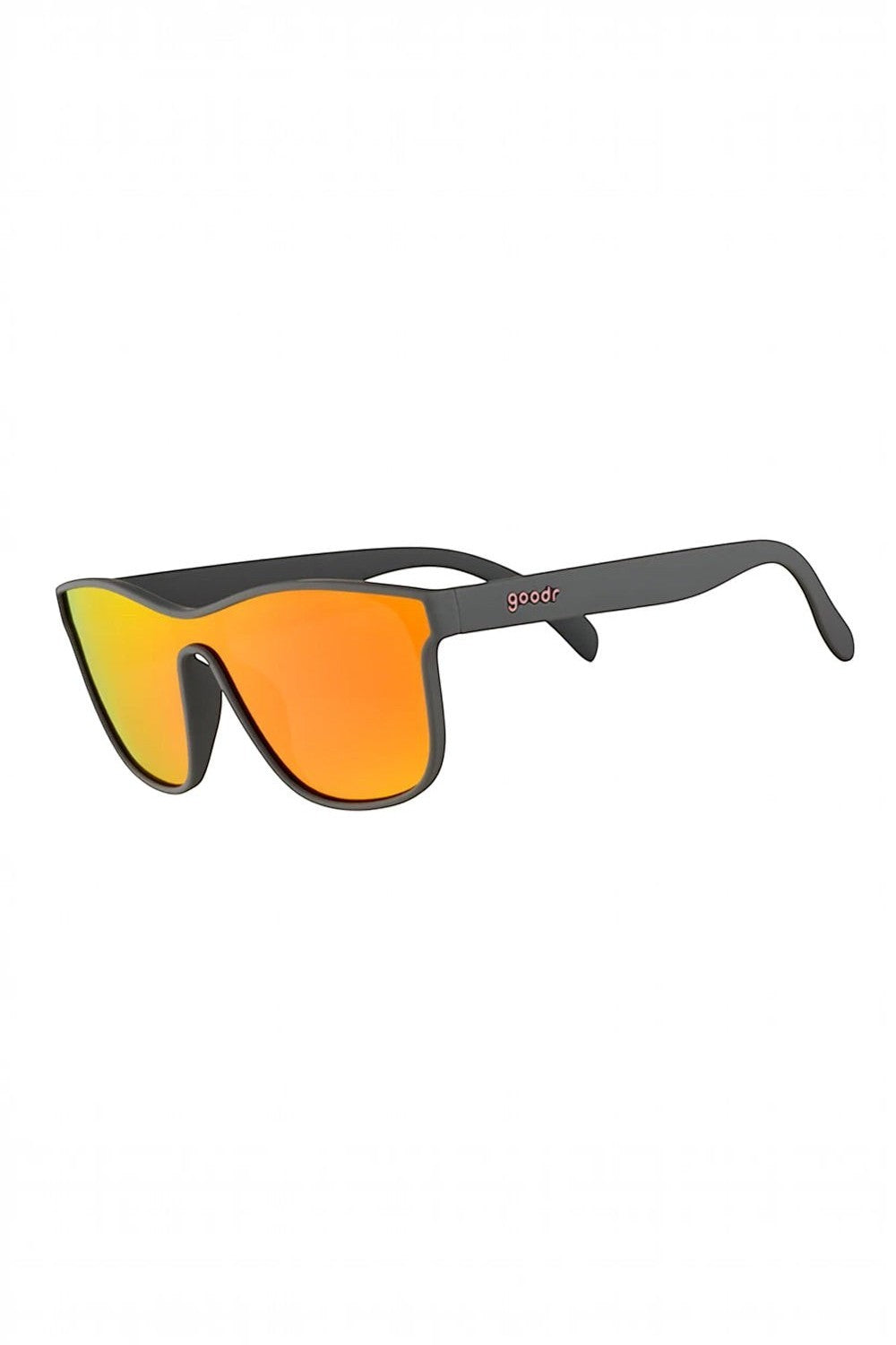 Óculos de sol SPORTBR Goodr Voight-Kampff Vision com armação cinza fosca e lentes espelhadas laranja polarizadas.