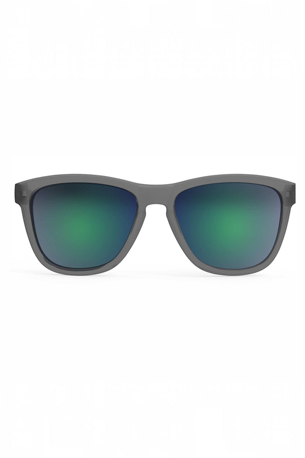 Óculos de sol SPORTBR Goodr Silverback Squat Mobility com armação cinza e lentes espelhadas verdes polarizadas.