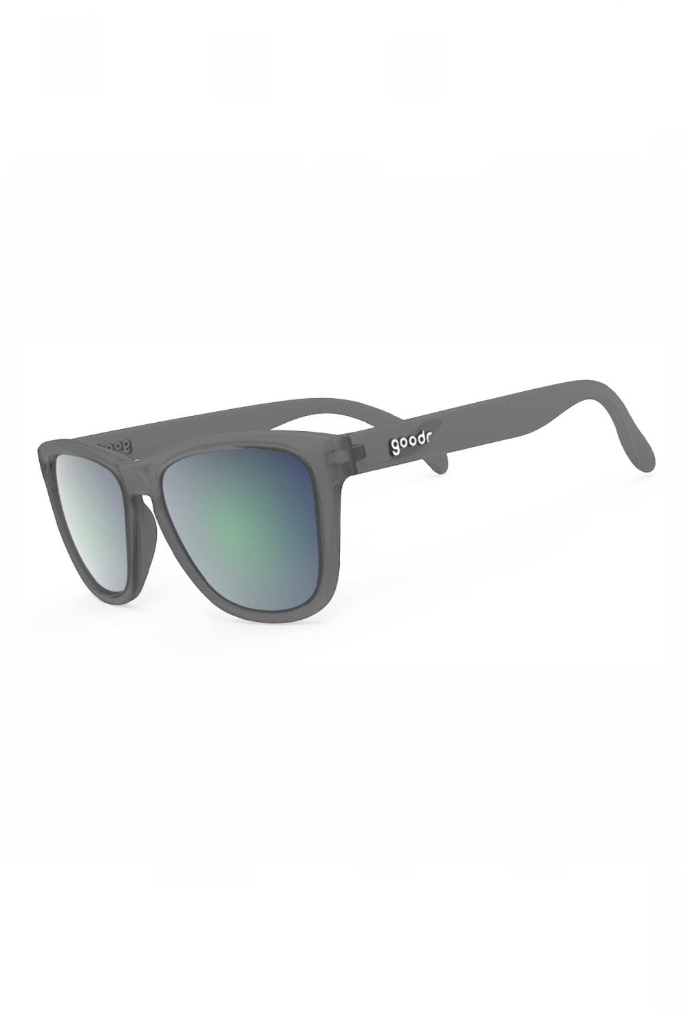 Óculos de sol SPORTBR Goodr Silverback Squat Mobility com armação cinza e lentes espelhadas verdes polarizadas.