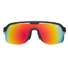 Óculos de sol Goodr pretos com lentes espelhadas em degradê de laranja a azul, ideais para corrida.