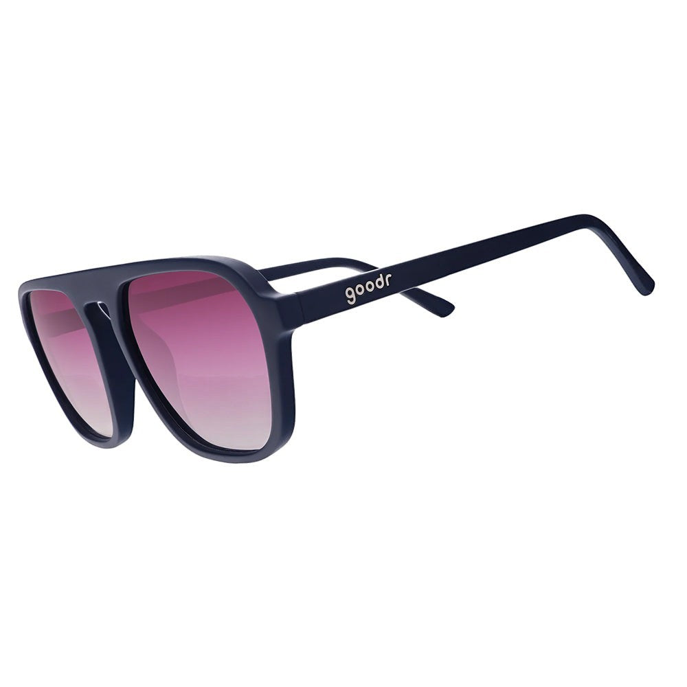Óculos de sol Goodr Deja Vu Daydream azuis com lentes degradê roxas, armação retro G, ideais para corrida.