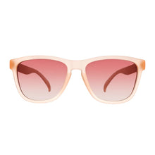 Óculos de sol Goodr Don't Make Me Blush, armação rosa e lentes degradê rosa polarizadas com proteção UVA UVB.